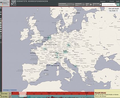 Ortsbasierte Darstellung: Mittels Heatmaps werden in diesem Screenshot die Orte angezeigt, an denen die von Hermann Kesten empfangenen, im Korpus enthaltenen Briefe mit Schreibdatum aus den Jahren 1932 oder 1933 verfasst worden sind. Der Zeitfilter kann mithilfe der Zeitleiste am unteren Rand des Bildschirms gesetzt werden.