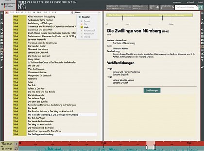 Links: In den Briefen mit Schreibdatum im Jahr 1945 erwhnte Werke. Rechts. 
Erluterungen zu dem Registereintrag "Die Zwillinge von Nrnberg". Darunter die 
Liste der Briefe aus dem Korpus, in denen das Werk "Die Zwillinge von Nrnberg" 
erwhnt wird und 1945 geschrieben worden sind. [Da die Rechte an den Briefen nur fr die Verffentlichung im Portal vorliegen, mussten sie im Screenshot ausgeblendet werden.]